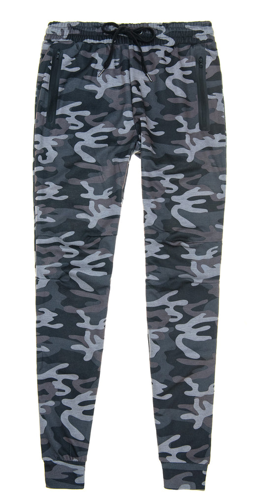 Mens drawstring heat seal pockets slated knit joggers in sublimated black camo