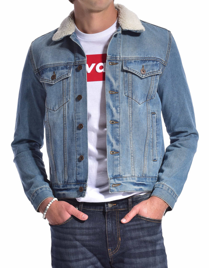 Mens denim trucker sherpa jacket in light blue with two chest pockets and button closure 
