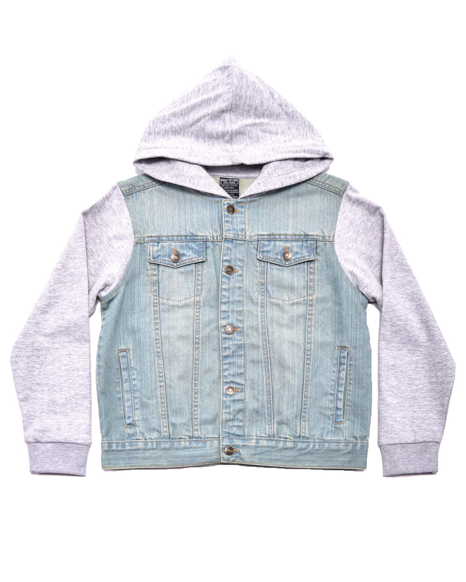 Boy's long sleeve denim 2fer hoodie jacket in Malibu