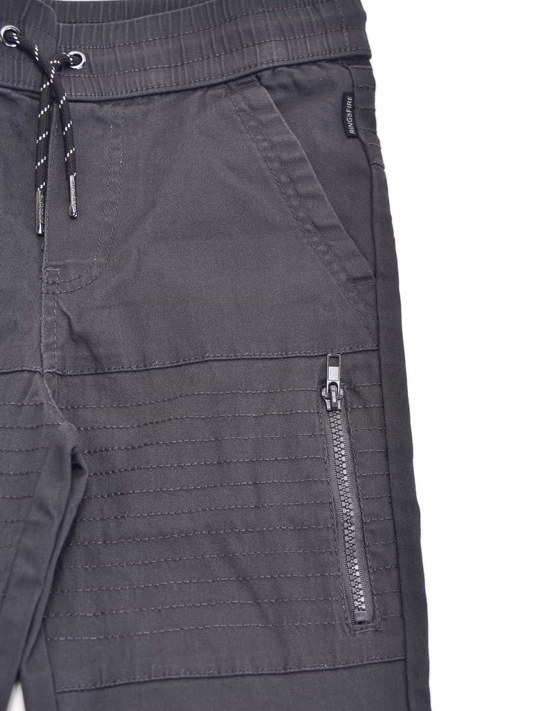 Boys's moto zipper jogger in Charcoal side-entr zippered pocket 