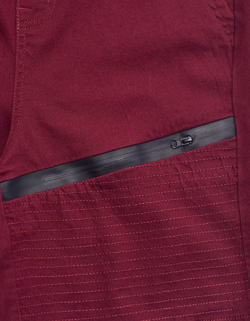 Boy's leftout twill moto shorts in burgundy heat seal pockets with zipper