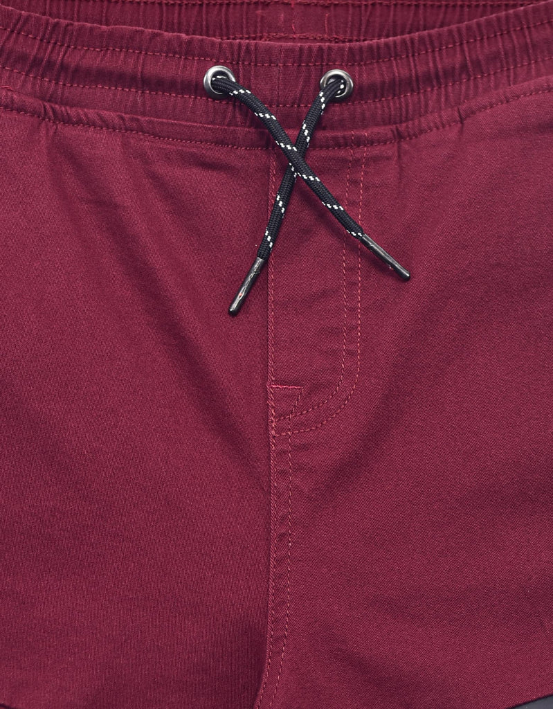 Boy's leftout twill moto shorts in burgundy elastic waistband with drawstring closure
