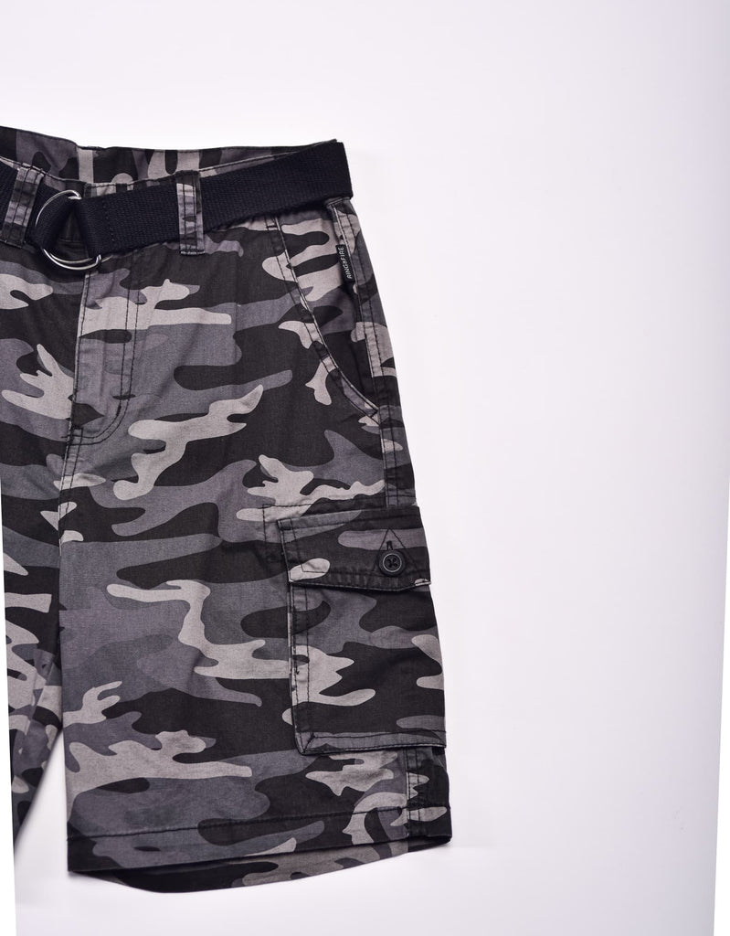 Boy's belted bobby shorts in black camo cargo side pocket