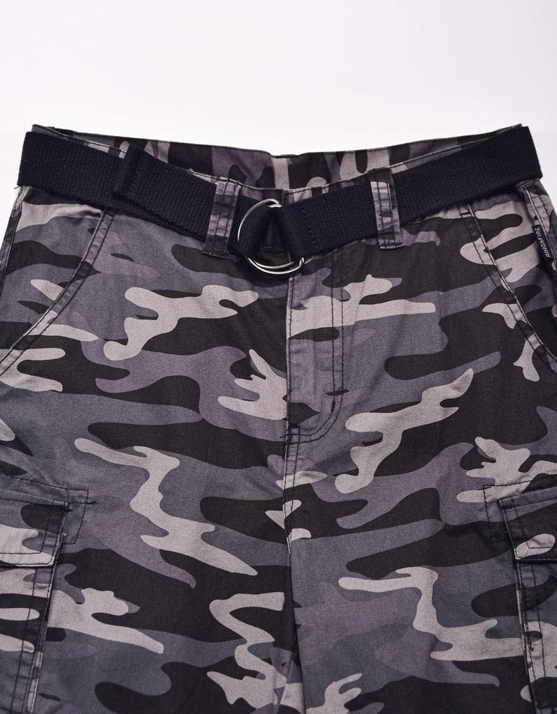 Boy's belted bobby shorts in black camo D-ring belt