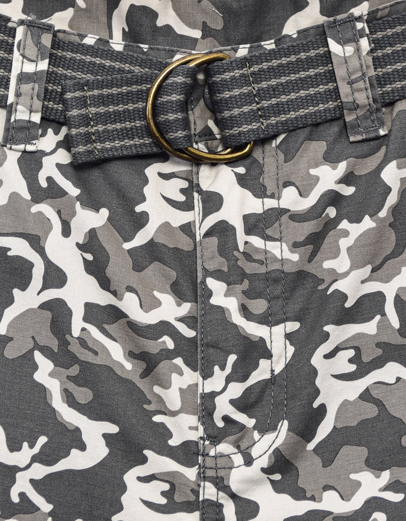 Boy's belted bobby shorts in Jungle Camo D-ring belt