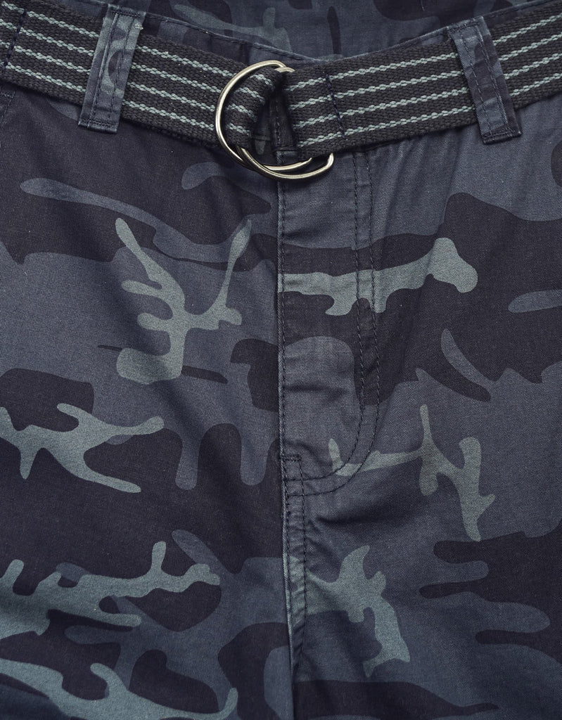 Boy's belted bobby shorts in Navy Camo D-ring belt 