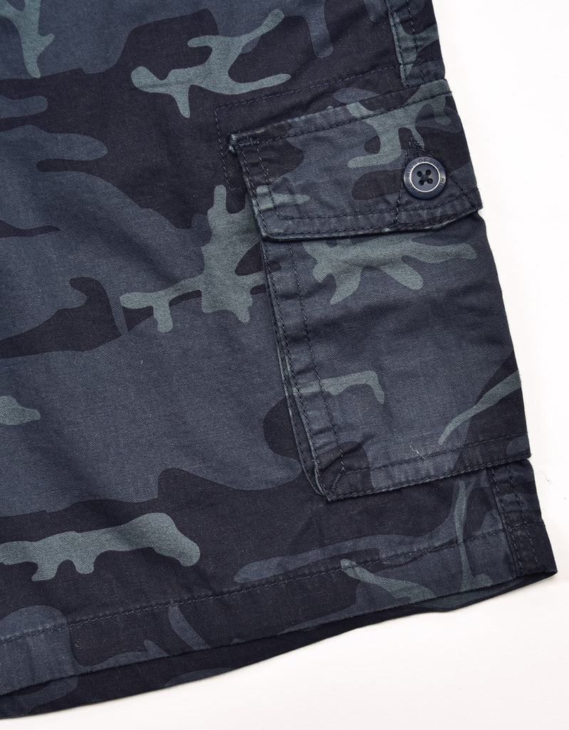 Boy's belted bobby shorts in Navy Camo cargo side pocket