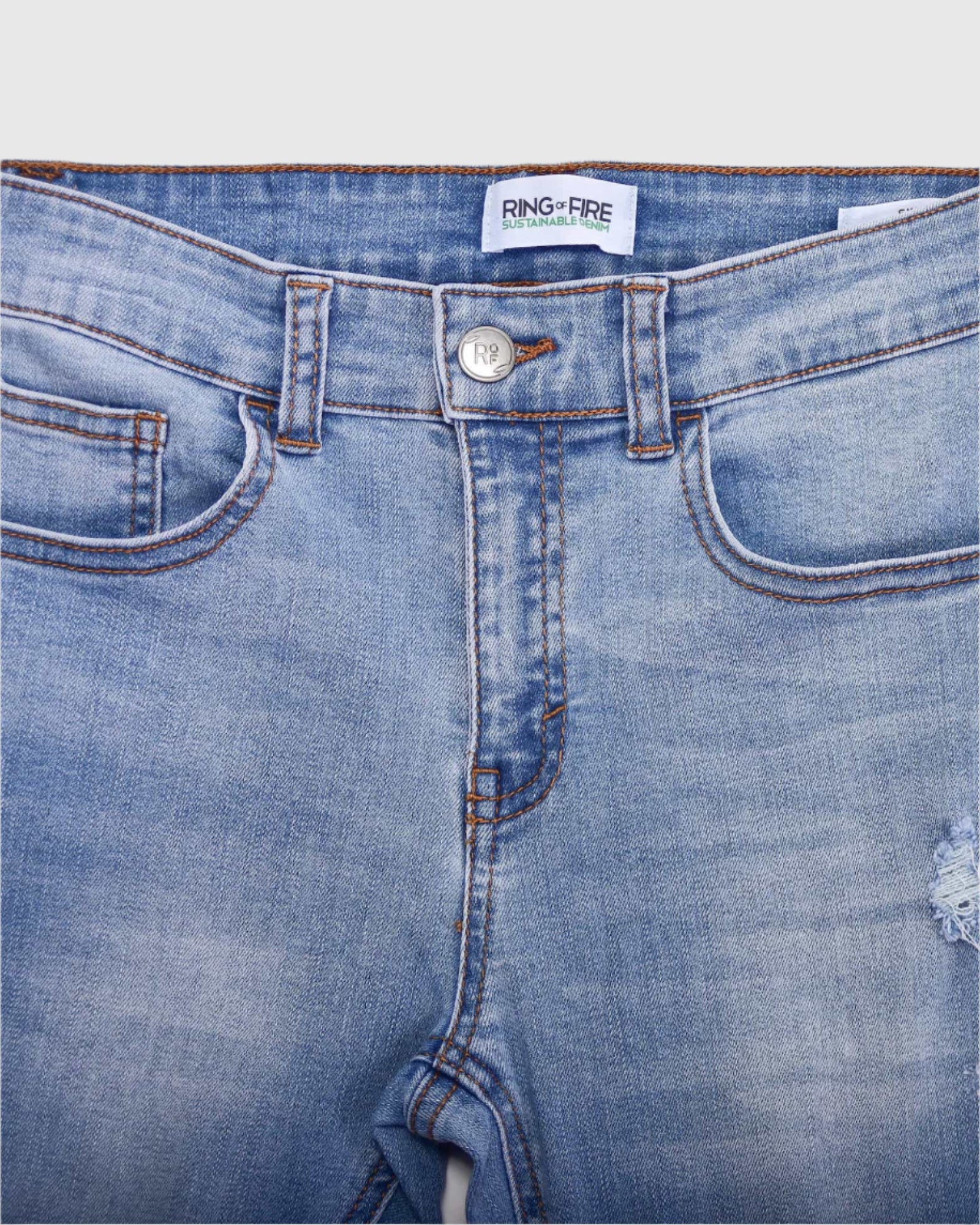 Boy's recycled fabric sustainable skinny jeans in Overcast fly zip with button closure 