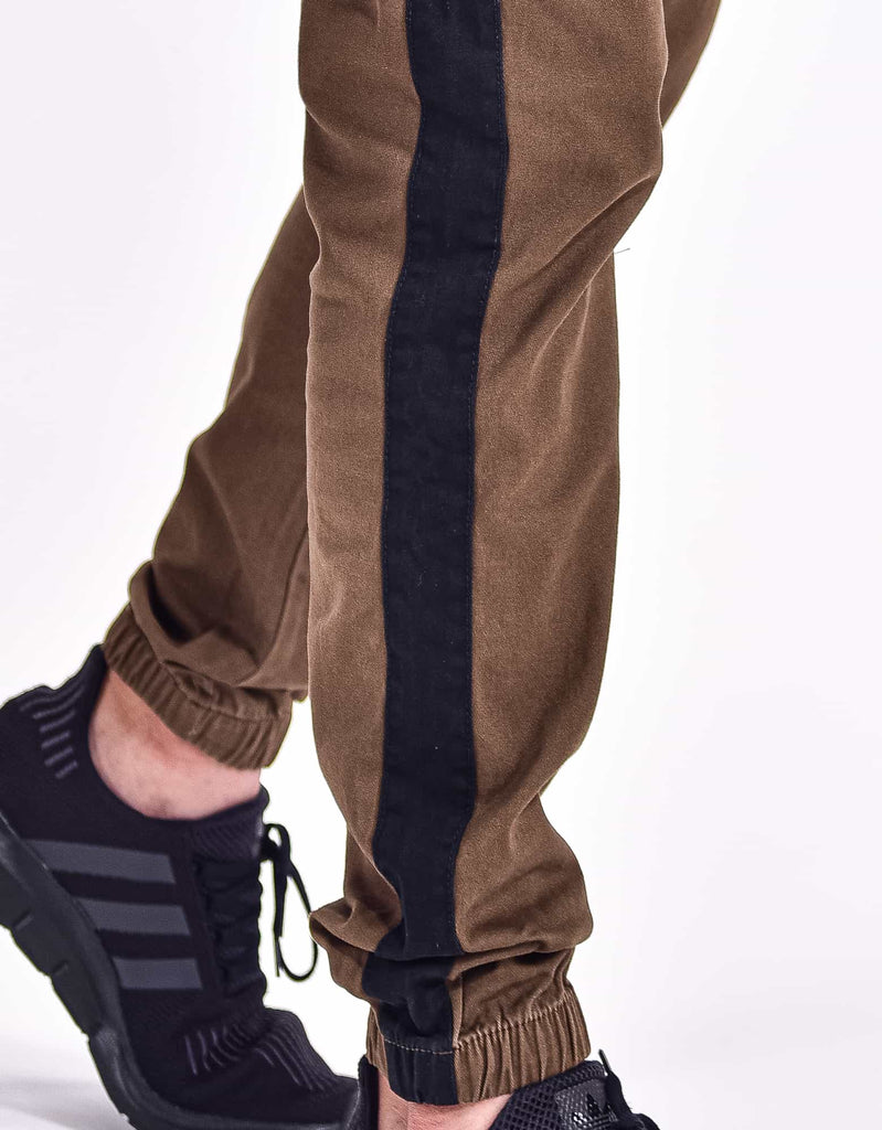Mens Elan twill joggers in Light Brown ribbed ankle cuffs 