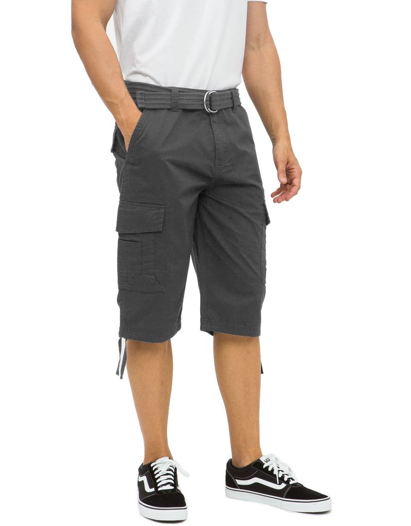 Mens Delano messenger cargo shorts in Charcoal with D-ring belt 