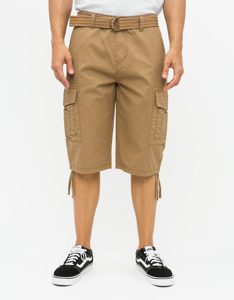 Mens Delano messenger cargo shorts in Dull Gold with D-ring belt