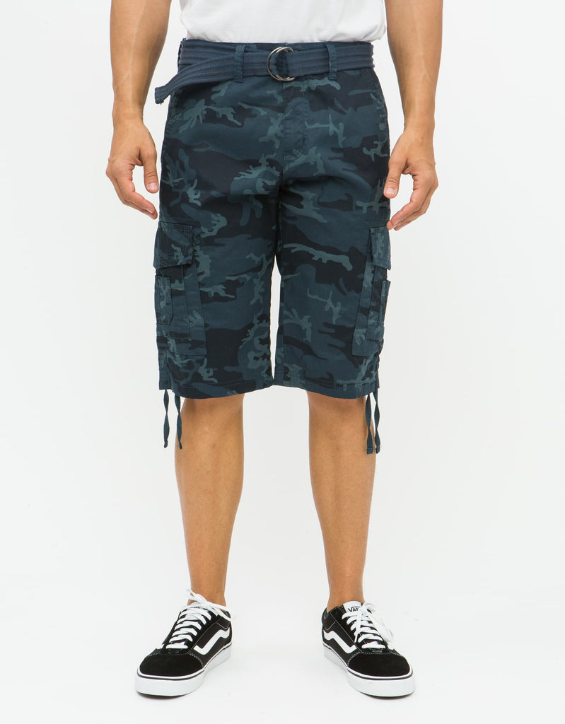 Mens Delano messenger cargo shorts in Navy Camo with D-ring belt 