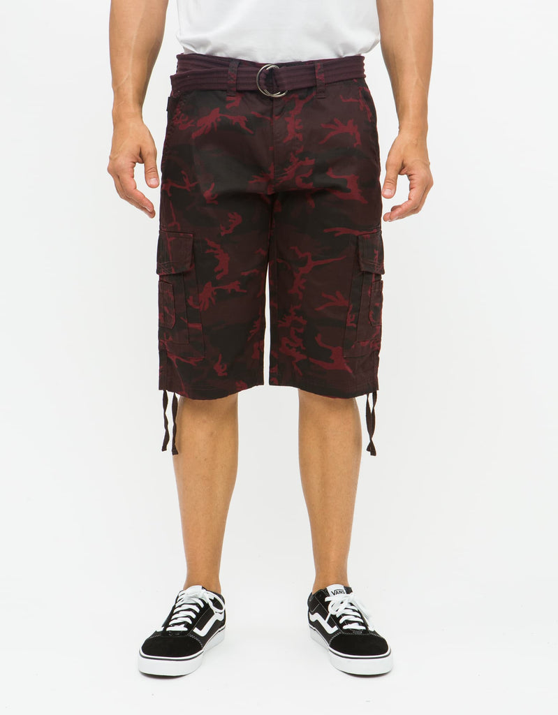 Mens Delano messenger cargo shorts in OxBlood Camo with D-ring belt 