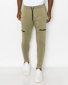 Mens drawstring marc fleece joggers in Sage side zip pockets 