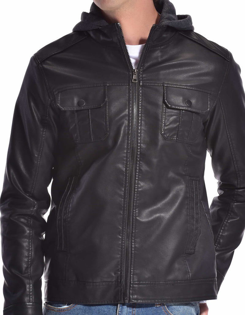 Mens ace sherpa linned raging PU hoodie jacket in Black two hand pockets