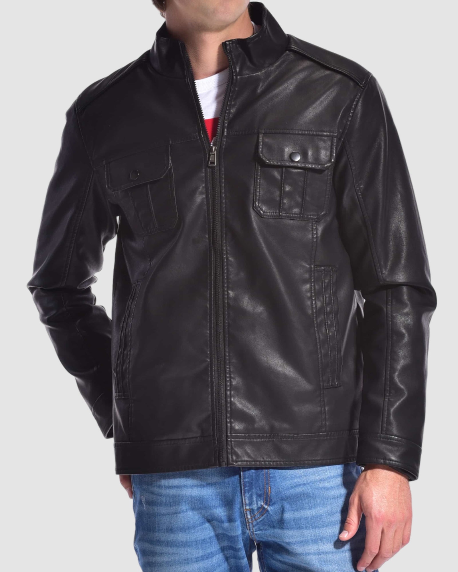 Mens radford sherpa linned PU jacket in Black chest pockets 