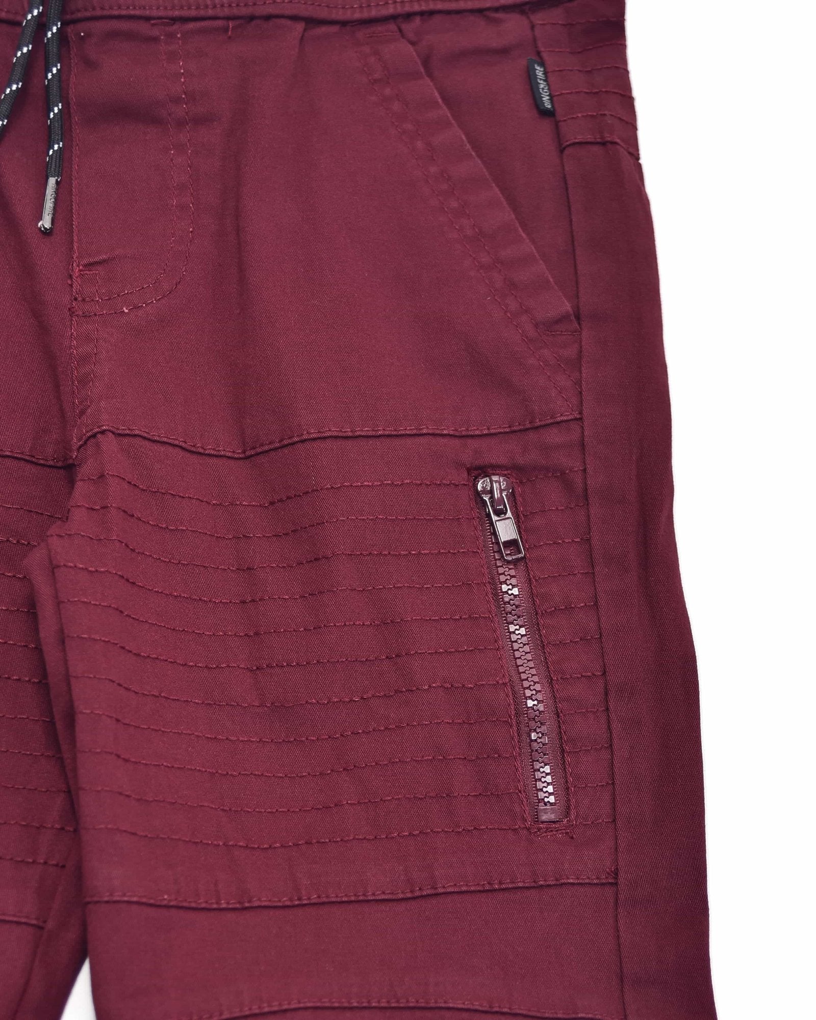 Boys's moto zipper jogger in Burgundy side-entry zippered pocket 