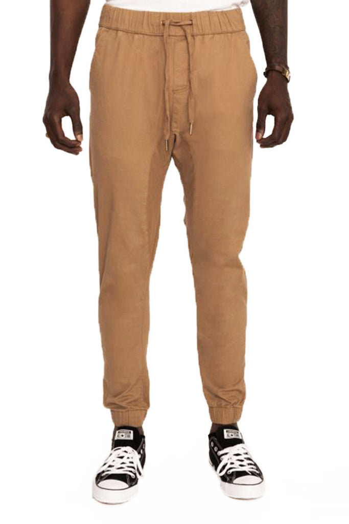 Mens Clayton twill stretch joggers with elastic waistband and drawstring closure in Dull Gold