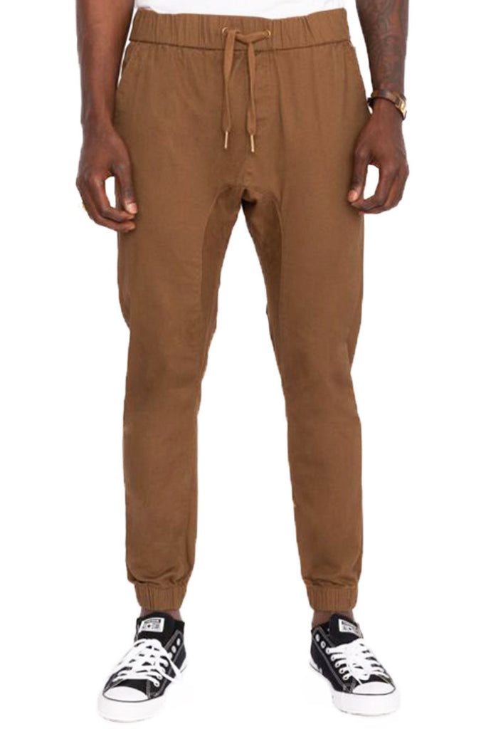 Mens Clayton twill stretch joggers with elastic waistband and drawstring closure in Light Brown