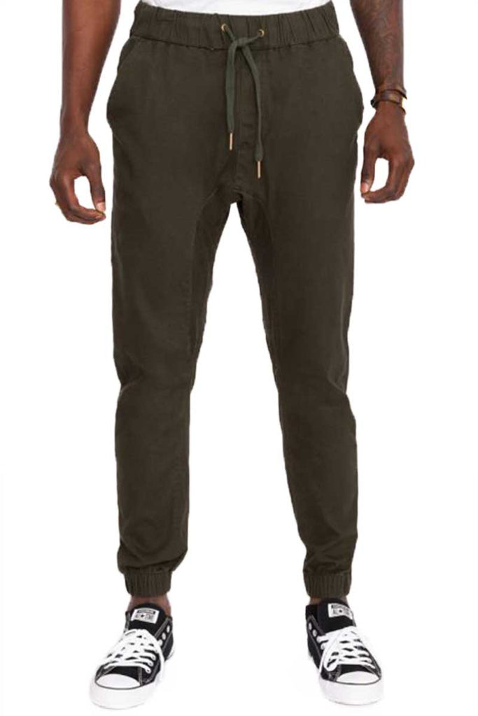 Mens Clayton twill stretch joggers with elastic waistband and drawstring closure in Olive