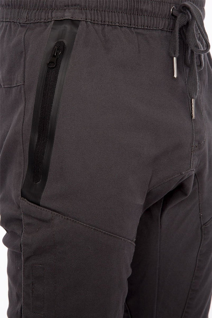 Mens drawstring major heat seal stretch joggers in Charcoal side zip pocket 