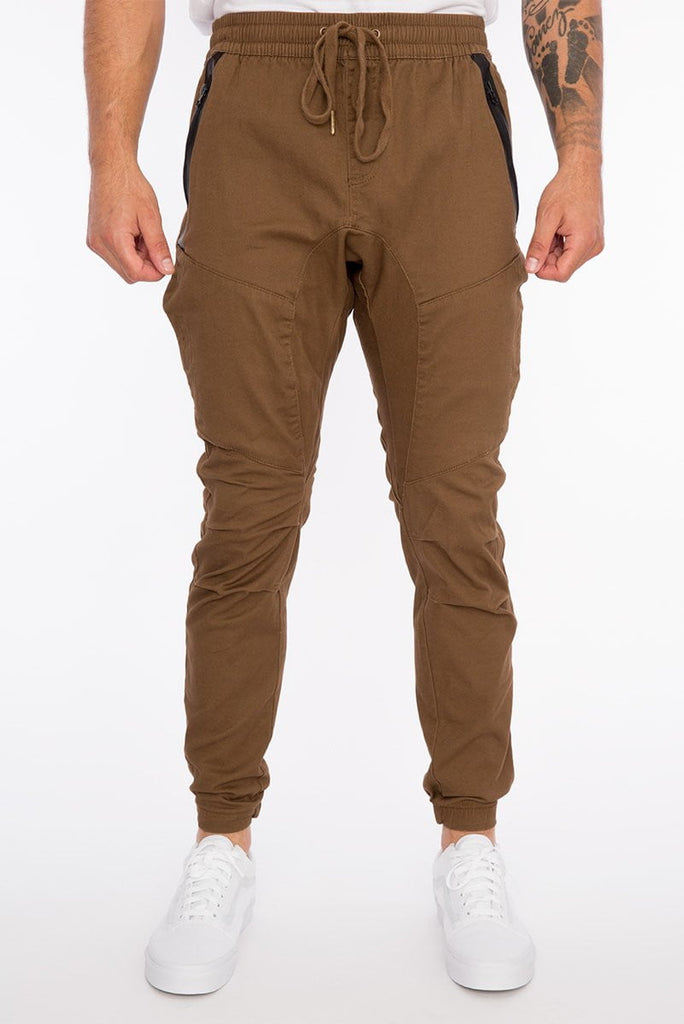 Mens drawstring major heat seal stretch joggers in Light Brown