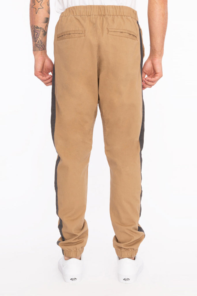 Mens Elan twill joggers in Dull Gold back pockets 