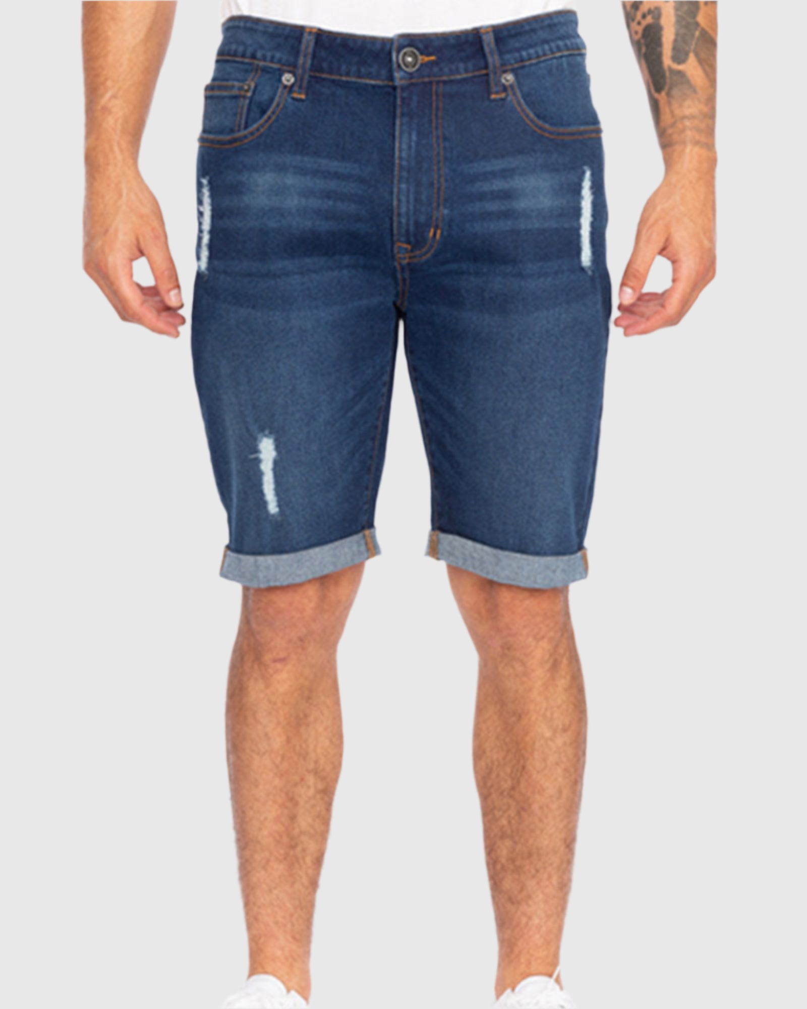 Front angle view of the Men’s Jake Rip N Repair Denim Shorts in Hunter color, modeled