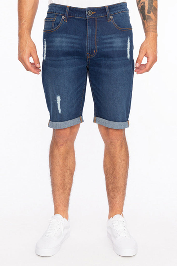 Front angle view of the Men’s Jake Rip N Repair Denim Shorts in Hunter color, modeled