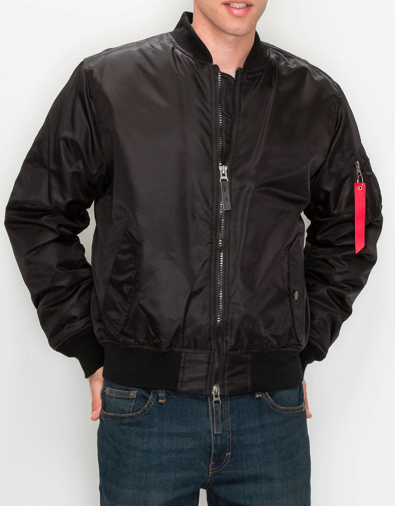 Mens nylon zip up bomber flight jacket in Black utility pocket on left arm
