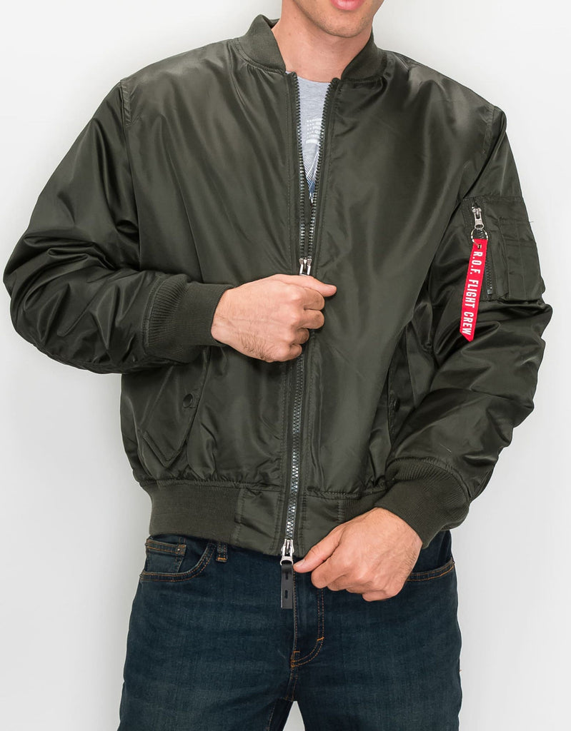 Mens nylon zip up bomber flight jacket in Olive utility pocket on left arm