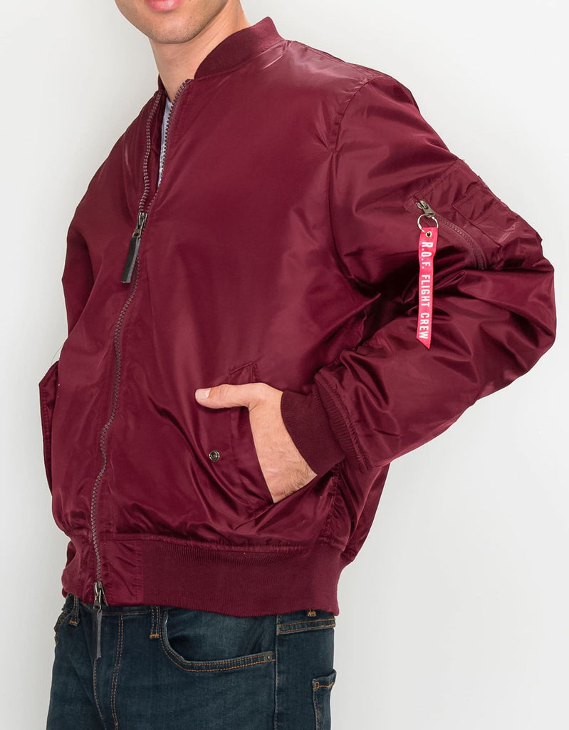 Mens nylon zip up bomber flight jacket in OxBlood utility pocket on left arm