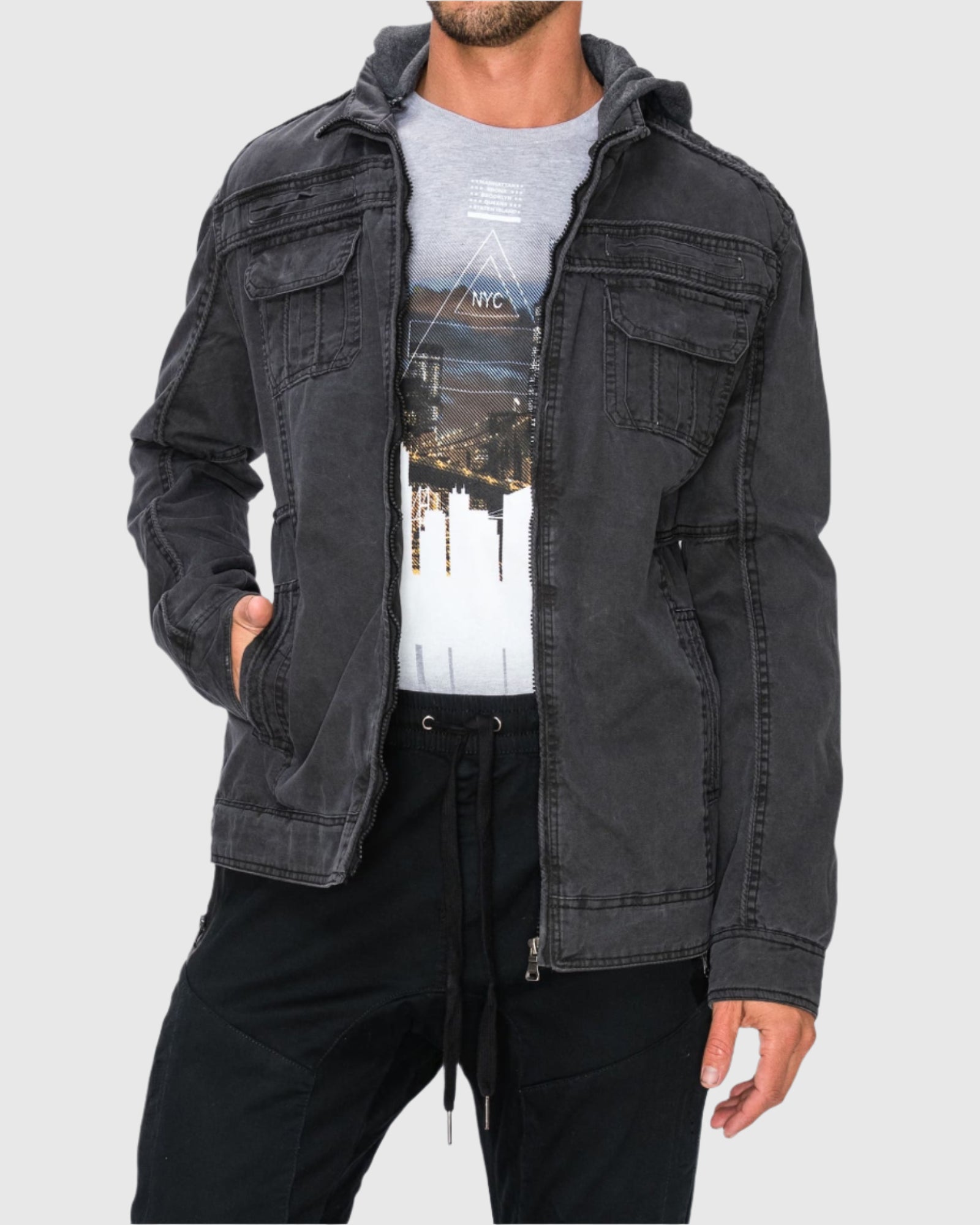 Mens zip up rage hooded twill jacket in Black chest pockets 