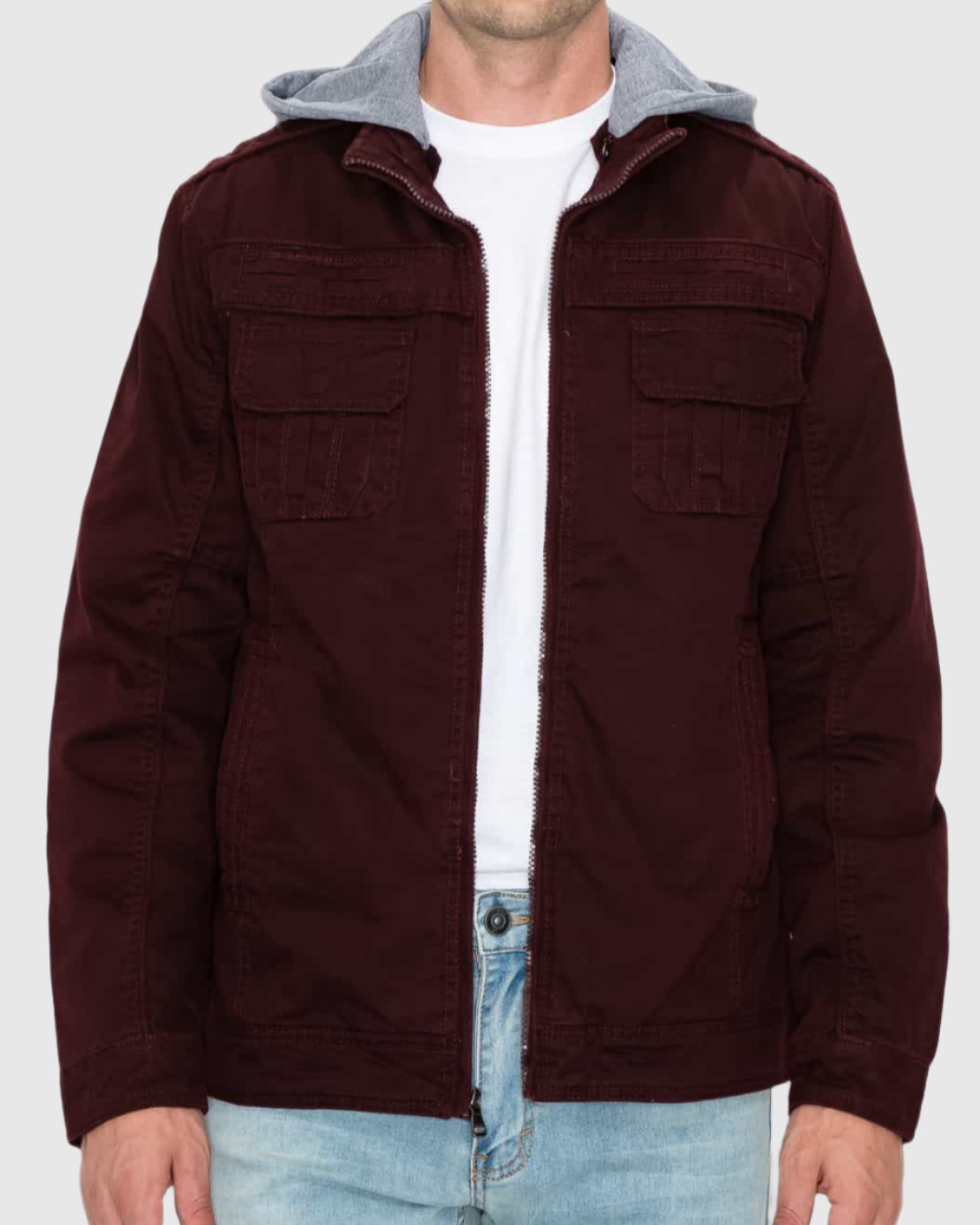 Mens zip up rage hooded twill jacket in Burgundy chest pockets 
