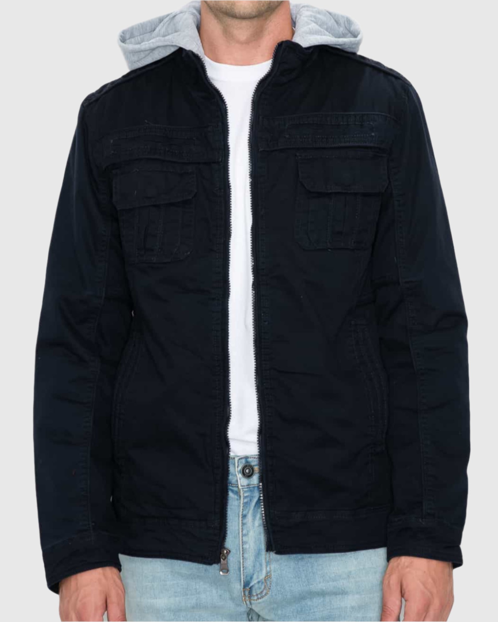 Mens zip up rage hooded twill jacket in Navy chest pockets