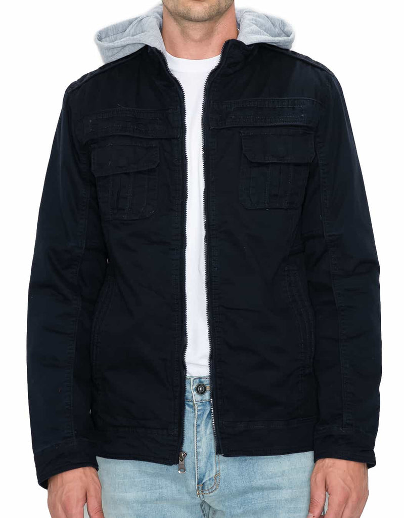 Mens zip up rage hooded twill jacket in Navy chest pockets