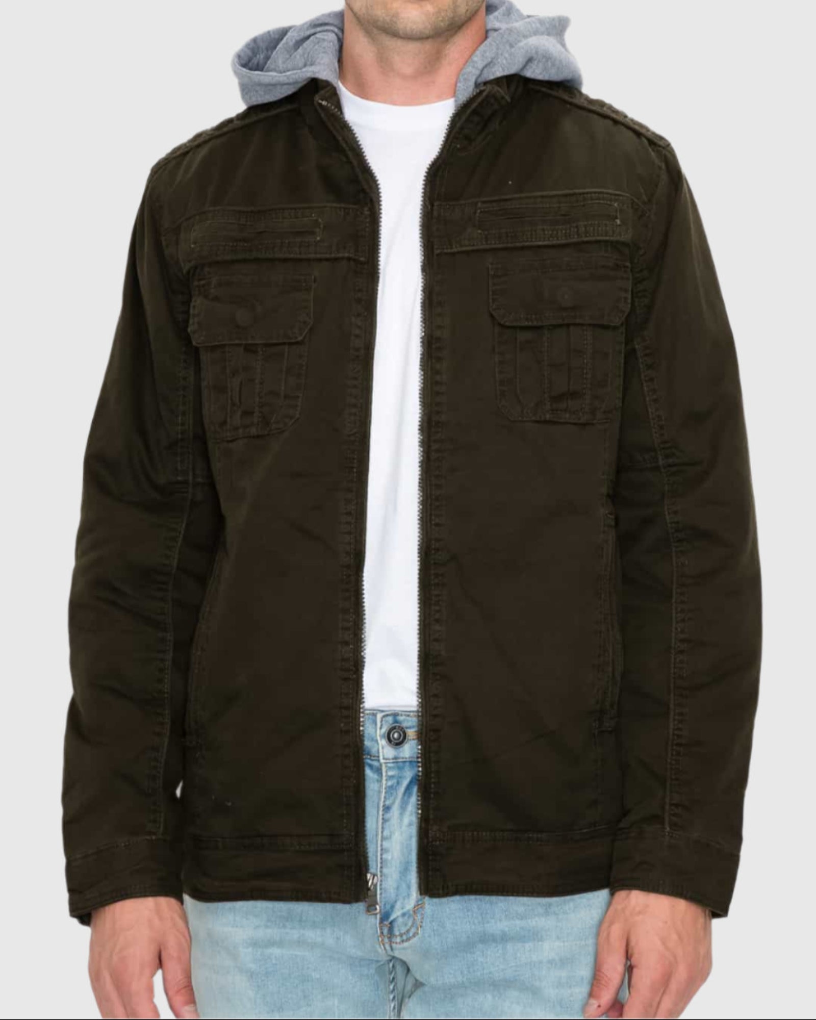 Mens zip up rage hooded twill jacket in Olive chest pockets