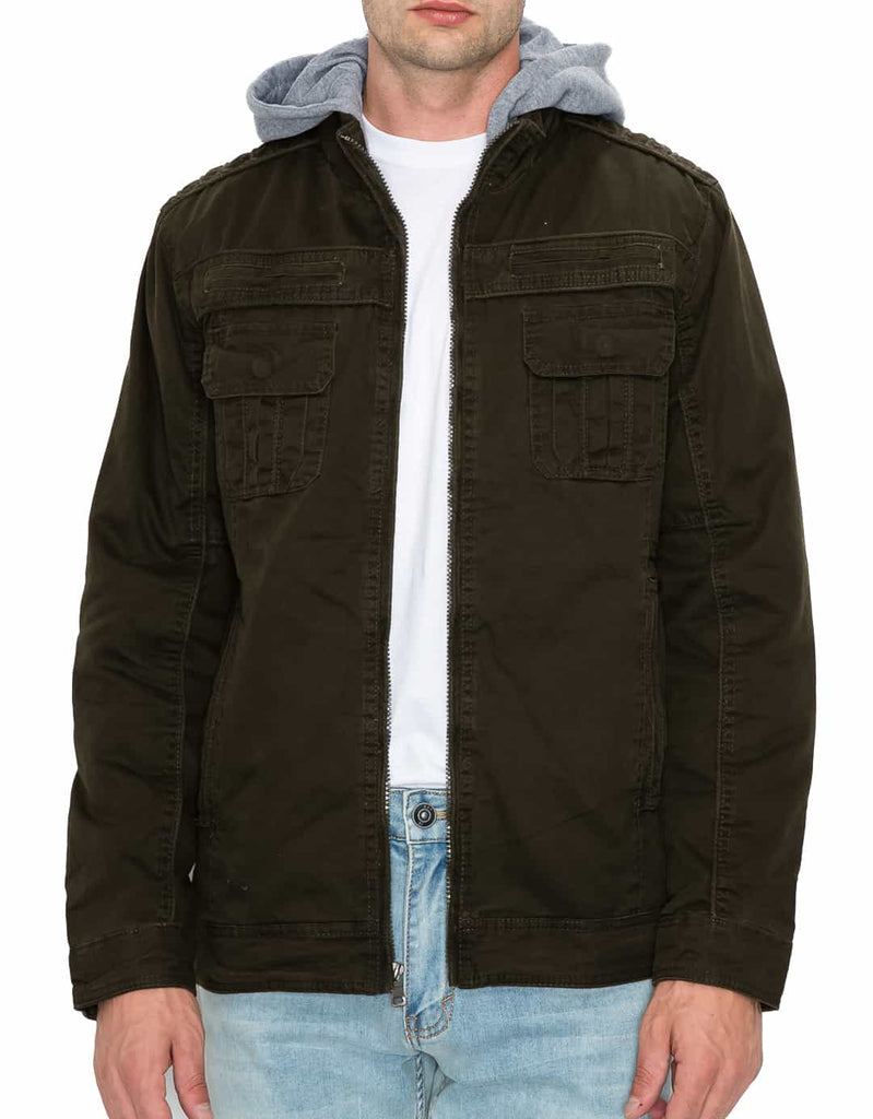 Mens zip up rage hooded twill jacket in Olive chest pockets