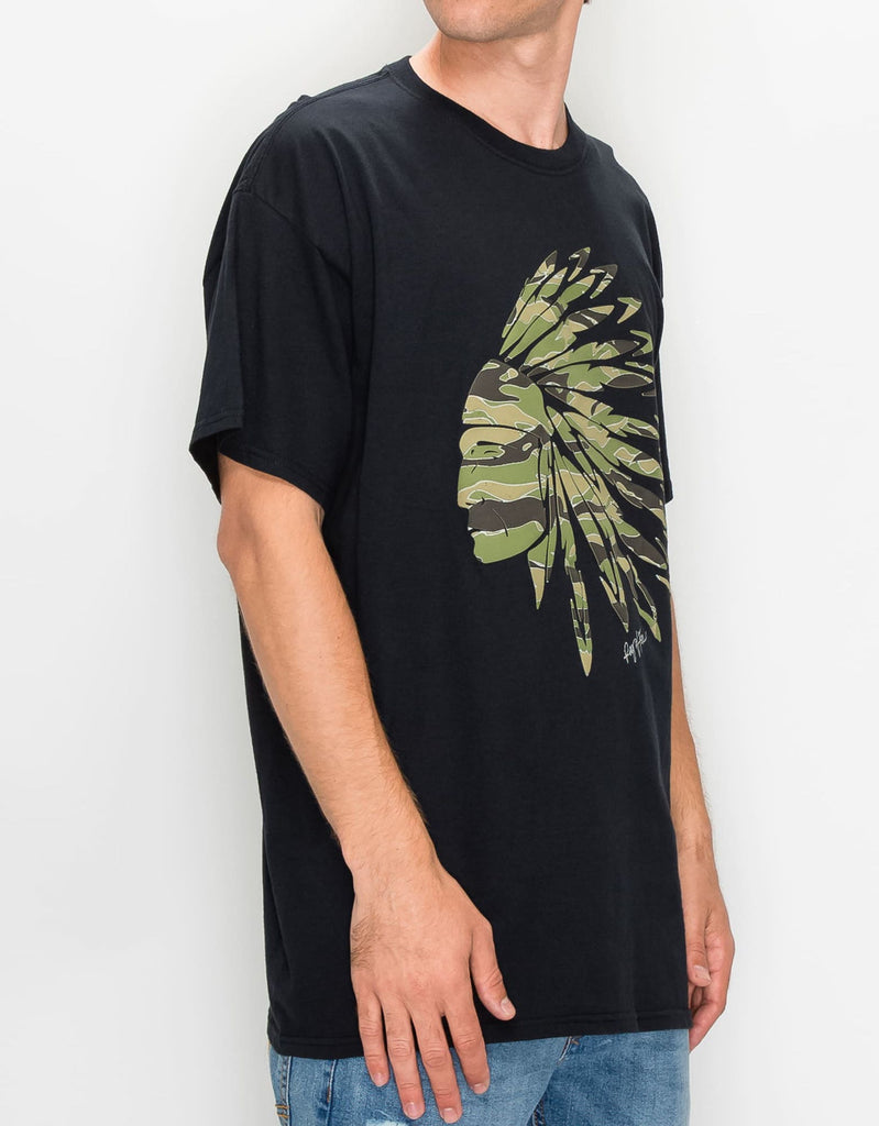 Model wearing the Men’s Chief Camo Graphic Tee in black, angle 1