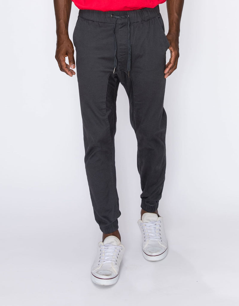 Mens Clayton twill stretch joggers with elastic waistband and drawstring closure in Charcoal