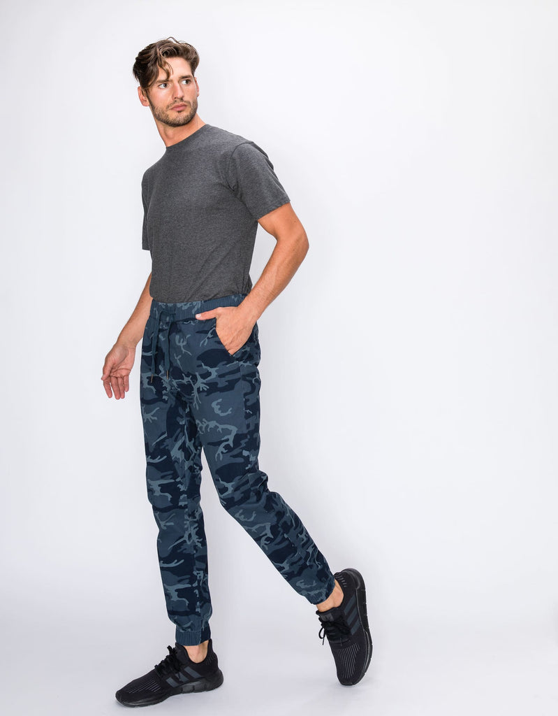 Mens Clayton twill stretch joggers with elastic waistband and drawstring closure in Navy Camo