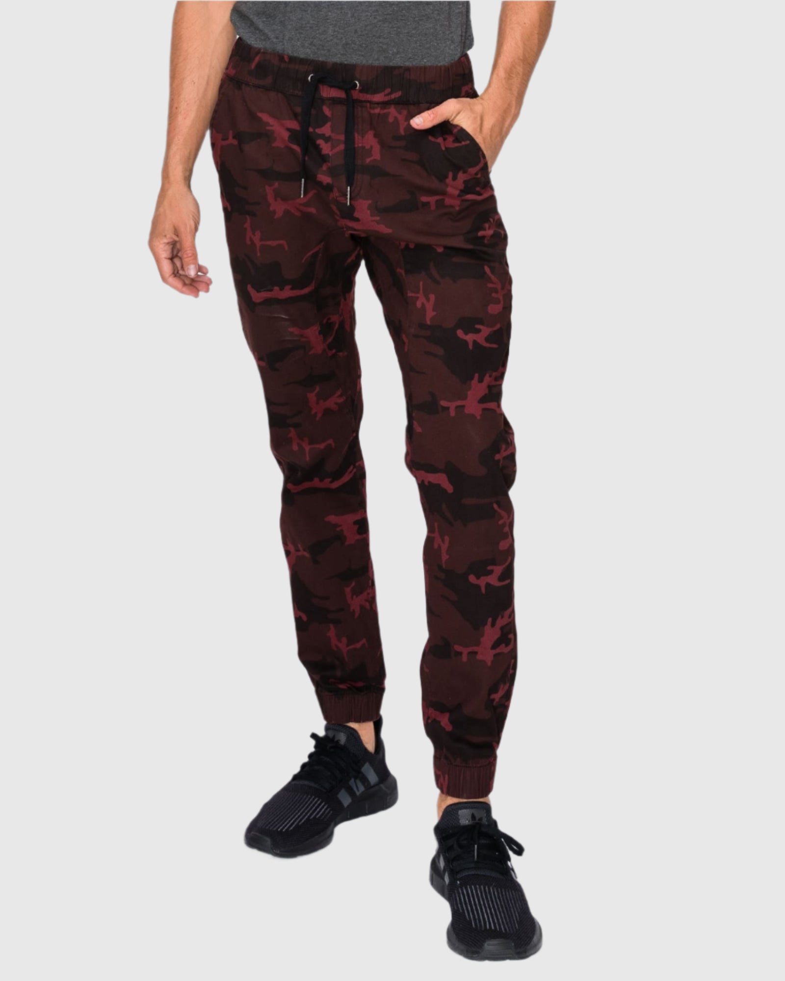 Mens Clayton twill stretch joggers with elastic waistband and drawstring closure in OxBlood Camo