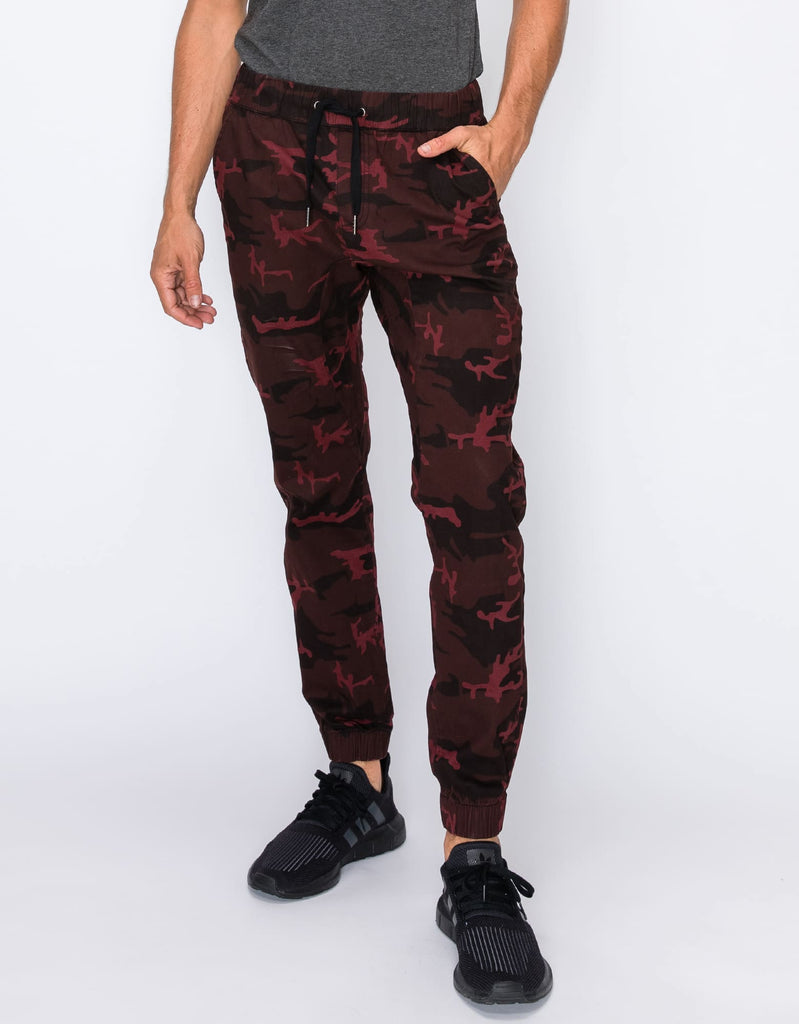 Mens Clayton twill stretch joggers with elastic waistband and drawstring closure in OxBlood Camo