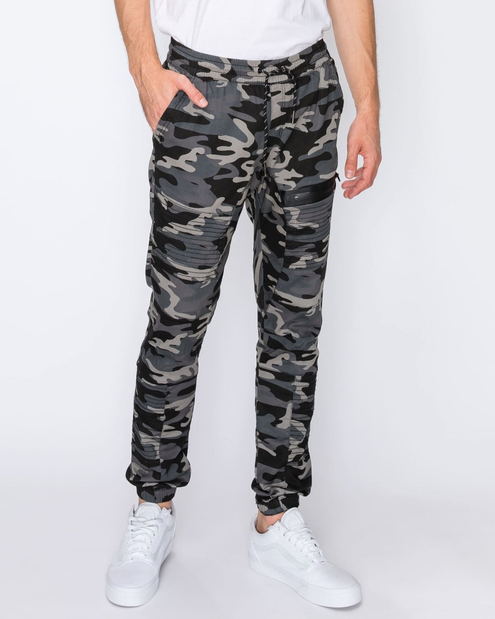 Mens drawstring leftout moto joggers in  Black Camo