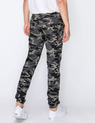 Mens drawstring leftout moto joggers in Black Camo back pockets 