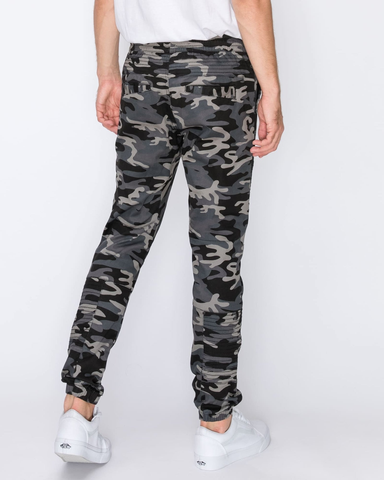 Mens drawstring leftout moto joggers in Black Camo back pockets 