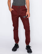 Mens drawstring leftout moto joggers in Burgundy