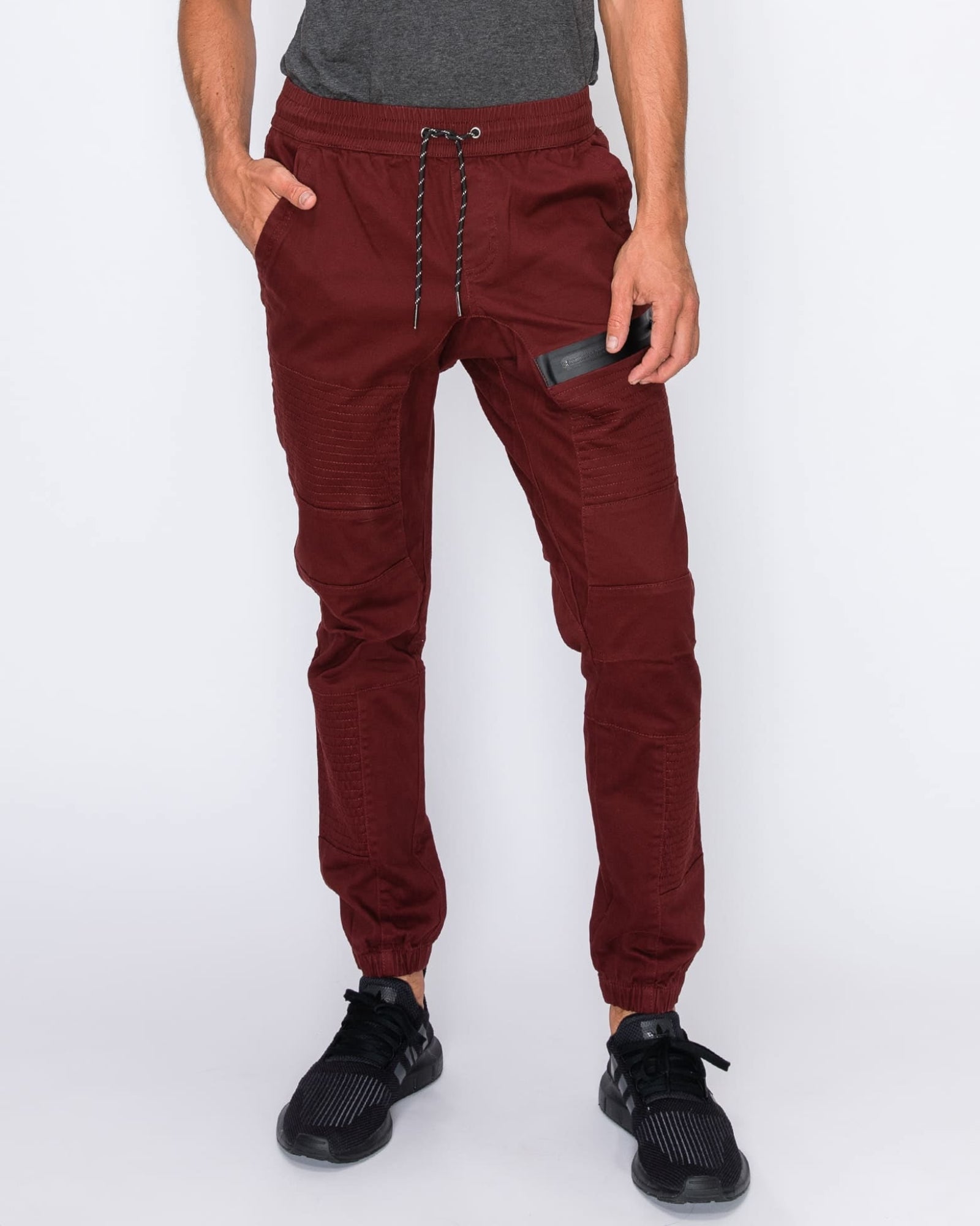 Mens drawstring leftout moto joggers in Burgundy