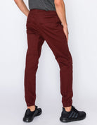 Mens drawstring leftout moto joggers in Burgundy back pockets 