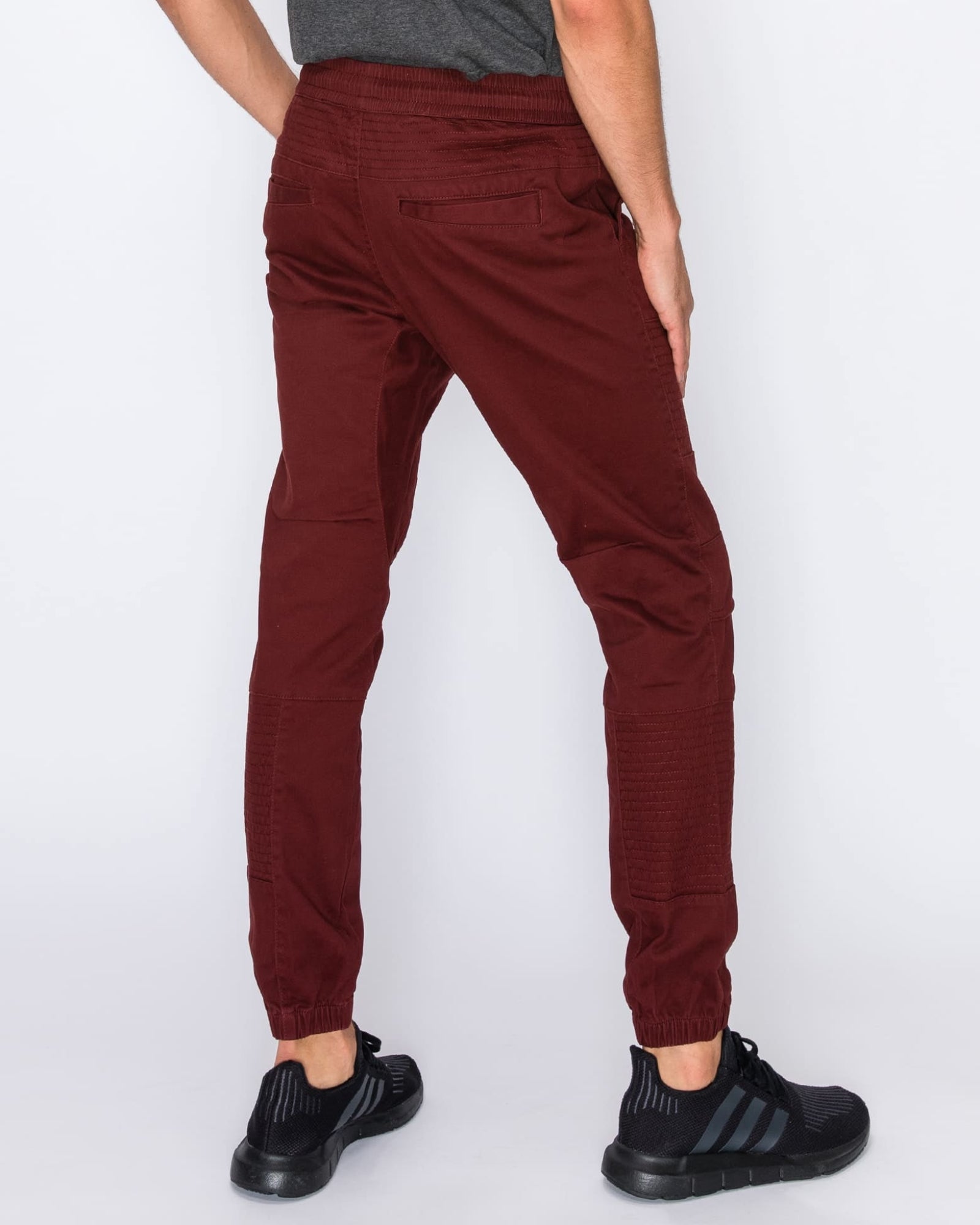 Mens drawstring leftout moto joggers in Burgundy back pockets 